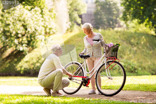 Image of happy senior couple with bicycle at summer park