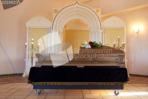 Image of coffin at funeral in orthodox church