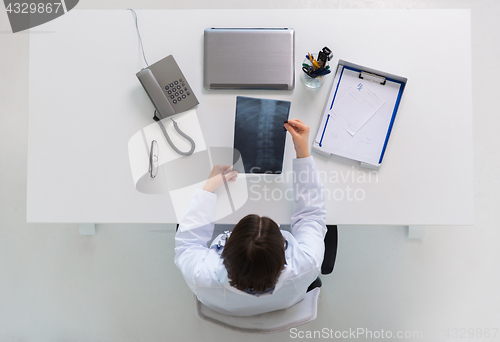 Image of doctor with spine x-ray sitting at table