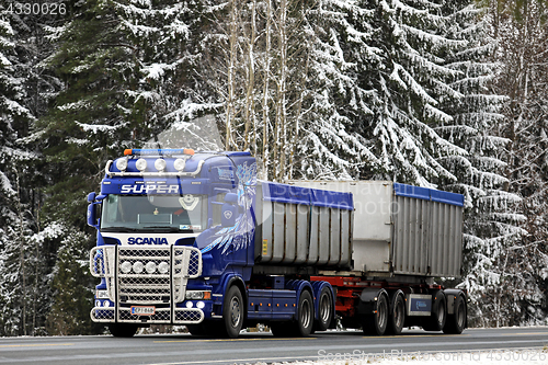 Image of Customized Super Scania Transport Truck and Winter Forest