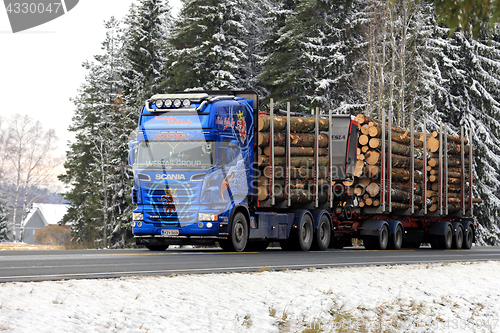 Image of Blue Super Scania R620 Timber Transport in Winter 