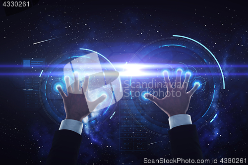 Image of businessman hands with virtual projection