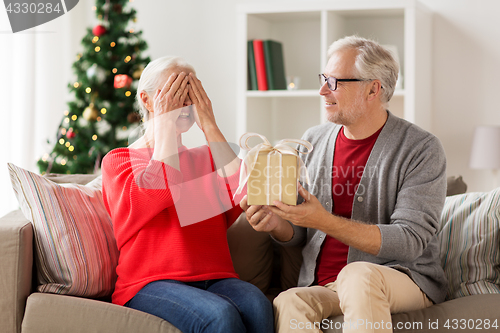 Image of happy smiling senior couple with christmas gift