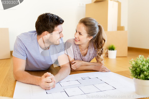 Image of couple with boxes and blueprint moving to new home