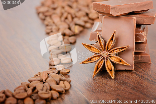 Image of Coffee beans close up and chocolate
