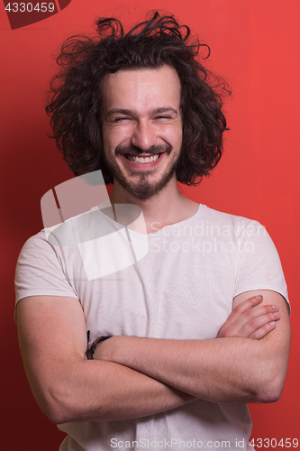 Image of young man with funny hair over color background