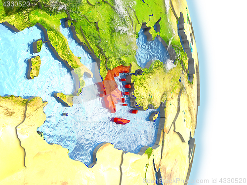 Image of Greece in red on Earth