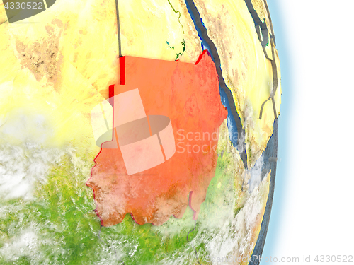 Image of Sudan in red on Earth