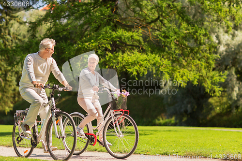 Image of happy senior couple riding bicycles at summer park