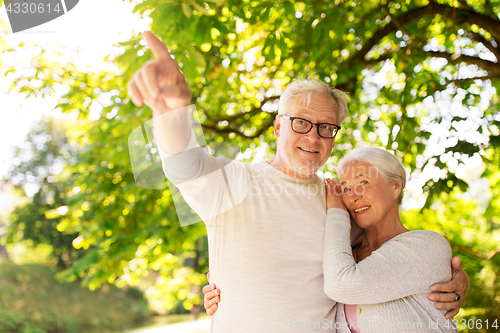 Image of happy senior couple hugging at summer park