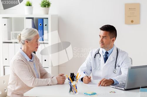 Image of woman and doctor with prescription at clinic