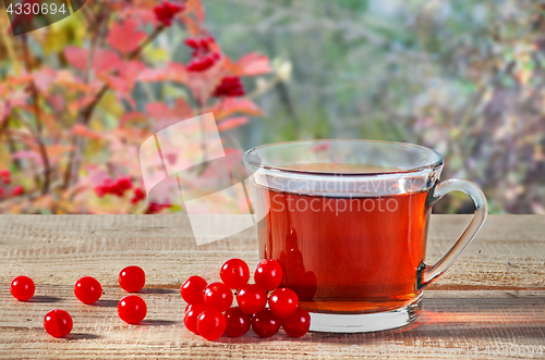 Image of Tea with viburnum berries on wooden table