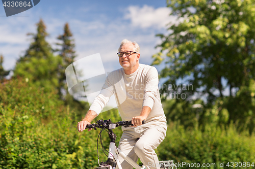 Image of happy senior man riding bicycle at summer park