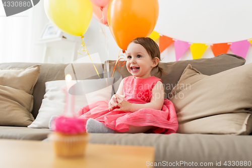 Image of happy baby girl on birthday party at home