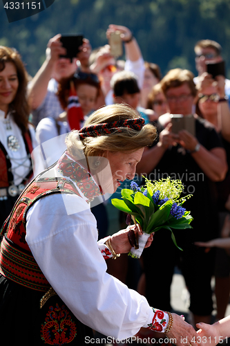 Image of LOEN, NORWAY - MAY, 20 2017: Queen Sonja of Norway at the openin