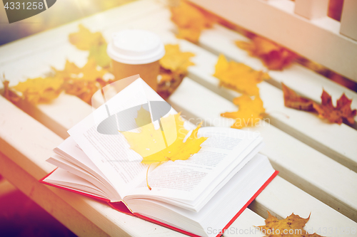 Image of open book and coffee cup on bench in autumn park