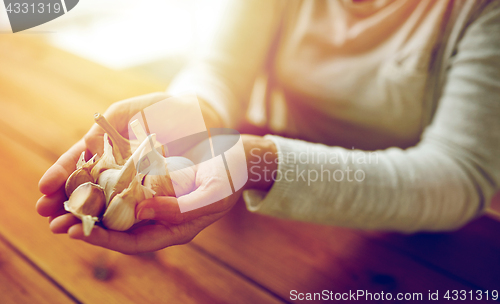 Image of woman hands holding garlic