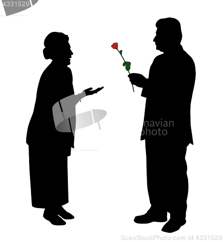 Image of Senior man giving red rose to woman or wife