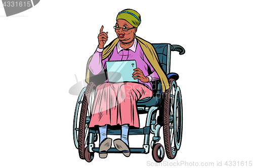 Image of African elderly woman disabled person in a wheelchair, isolate o