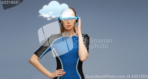 Image of woman in virtual reality 3d glasses with cloud