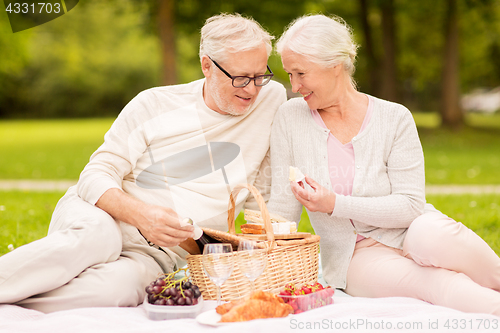 Image of happy senior couple having picnic at summer park