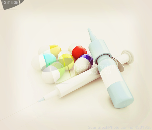 Image of Syringe, tablet, pill jar. 3D illustration. Vintage style.