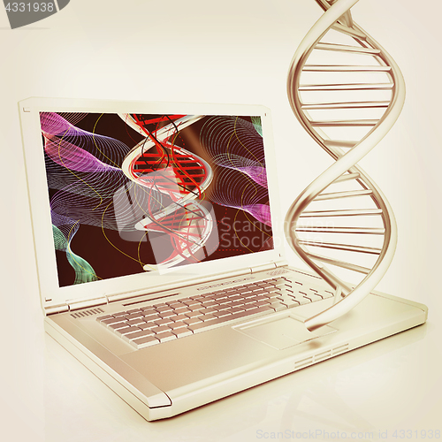 Image of Laptop with dna medical model background on laptop screen. 3d il