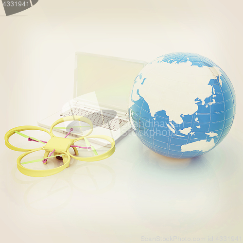 Image of Drone or quadrocopter with camera with laptop. Network, online, 