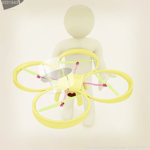 Image of 3d man with drone, quadrocopter, with photo camera. 3d render. 3