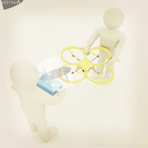 Image of 3d man with drone, quadrocopter, with photo camera. 3d render. 3