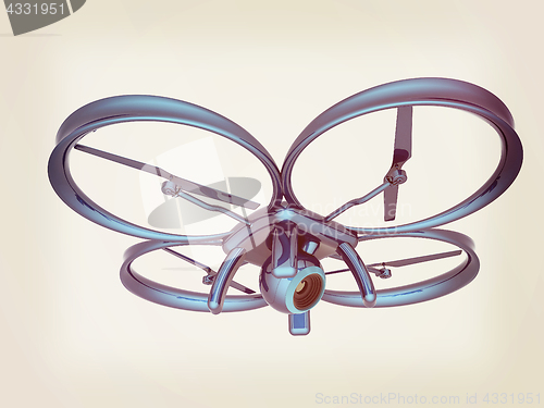 Image of Drone, quadrocopter, with photo camera flying. 3d render. Vintag