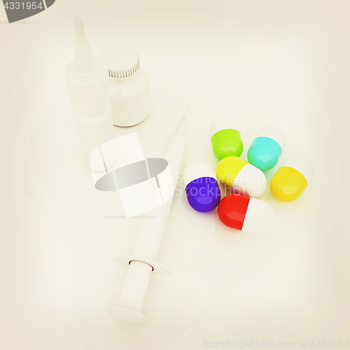 Image of Syringe, tablet, pill jar. 3D illustration. Vintage style.