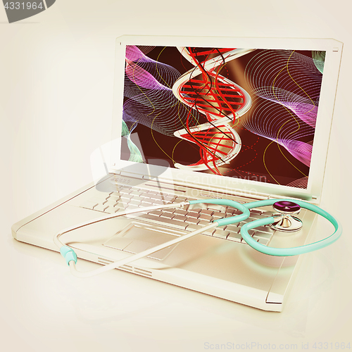 Image of silver laptop diagnosis with stethoscope. 3D illustration. Vinta