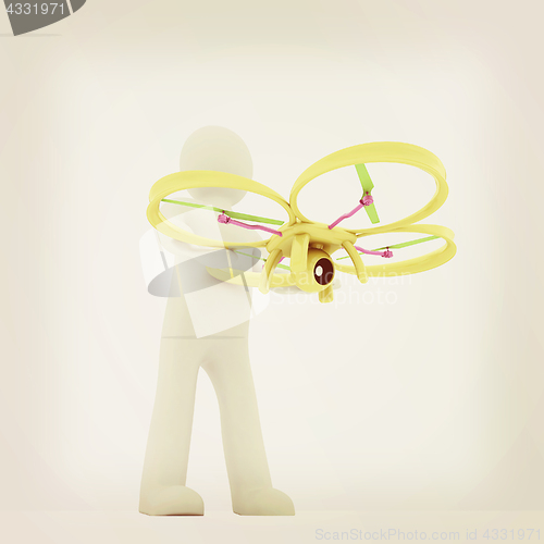 Image of 3d man with drone, quadrocopter, with photo camera. 3d render. 3