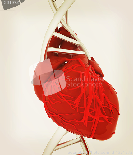 Image of DNA and heart. 3d illustration. Vintage style.