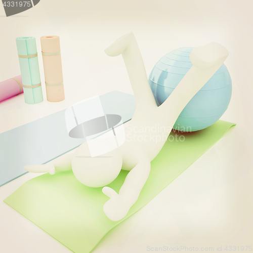 Image of 3d man on a karemat with fitness ball. 3D illustration. Vintage 