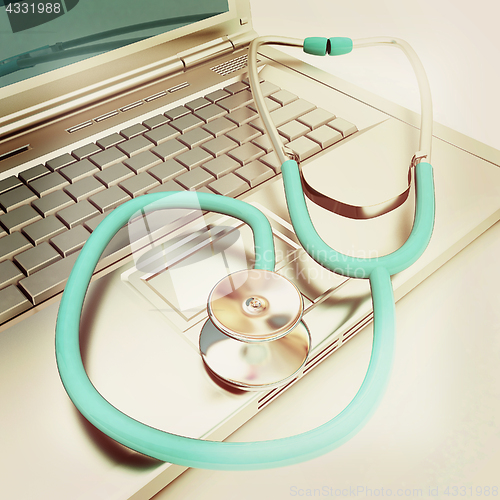 Image of silver laptop diagnosis with stethoscope. 3D illustration. Vinta