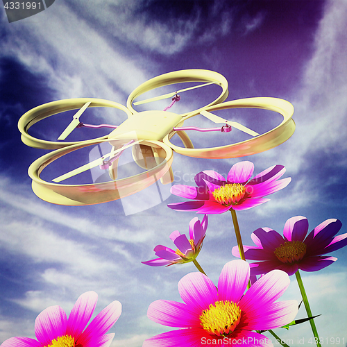 Image of Drone, quadrocopter, with photo camera against the sky and Beaut