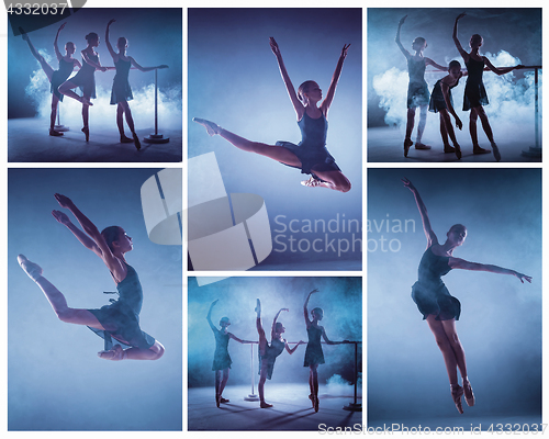 Image of The collage from images of young ballerinas stretching on the bar