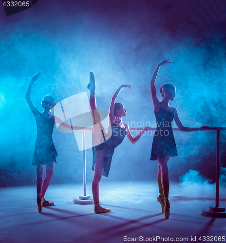 Image of The young ballerinas stretching on the bar