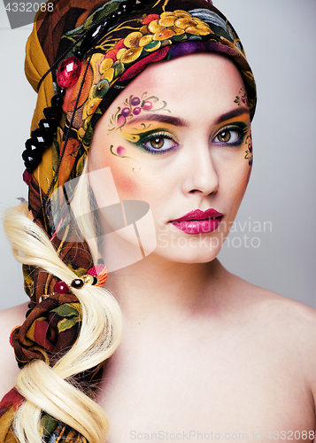 Image of portrait of contemporary noblewoman with face art creative close