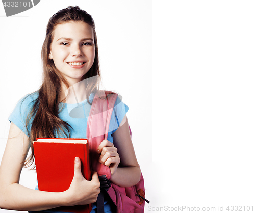 Image of young cute teenage girl posing cheerful against white background