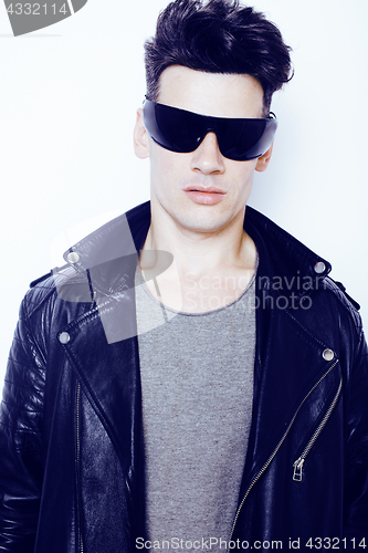 Image of young handsome modern man in sunglasses like robot, lifestyle fashion style people concept