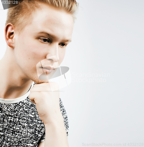 Image of young handsome teenage hipster guy posing emotional, happy smiling against white background isolated, lifestyle people concept