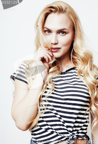 Image of young pretty teenage hipster girl posing emotional happy smiling on white background, lifestyle people concept 