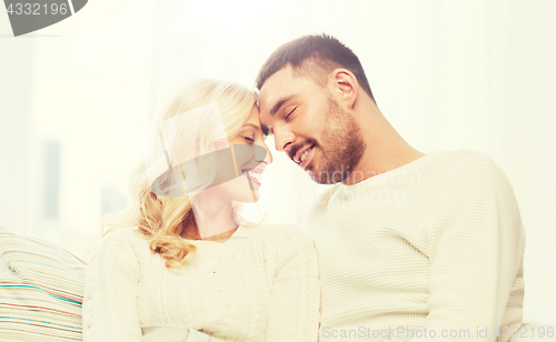 Image of happy couple covered with plaid on sofa at home