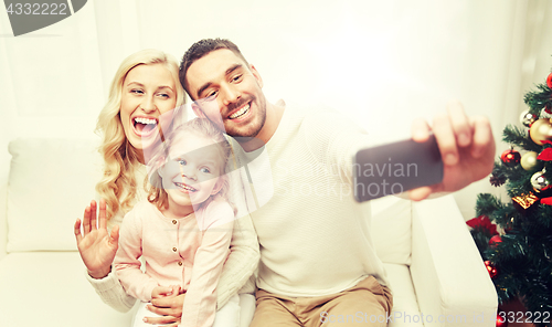 Image of family taking selfie with smartphone at christmas