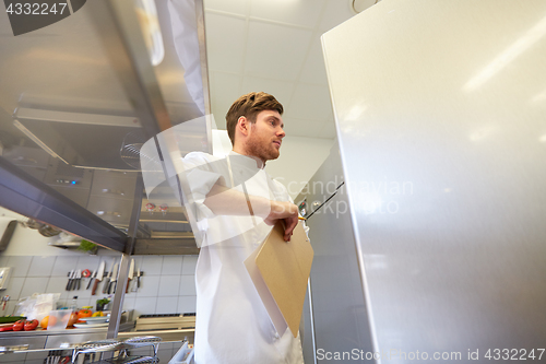 Image of chef with clipboard doing inventory at kitchen