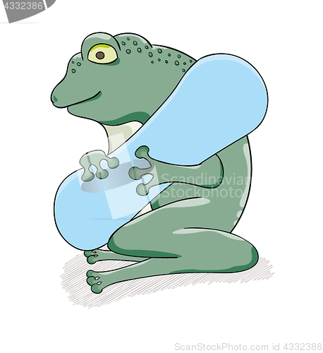 Image of Frog with blue snowboard ready for downhill skiing.