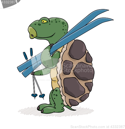 Image of Turtle with blue skis ready for skiing.